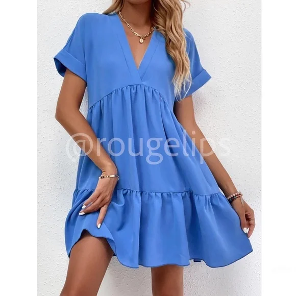 Blue Short Sleeve Loose Fitting Mini Dress V-Neck Ruffle Flared Hem - Picture 6 of 8
